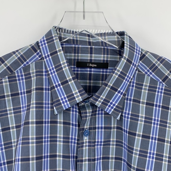 Z Zegna cotton button front plaid shirt long sleeve blue gray men new XXL 2XL - Picture 2 of 4